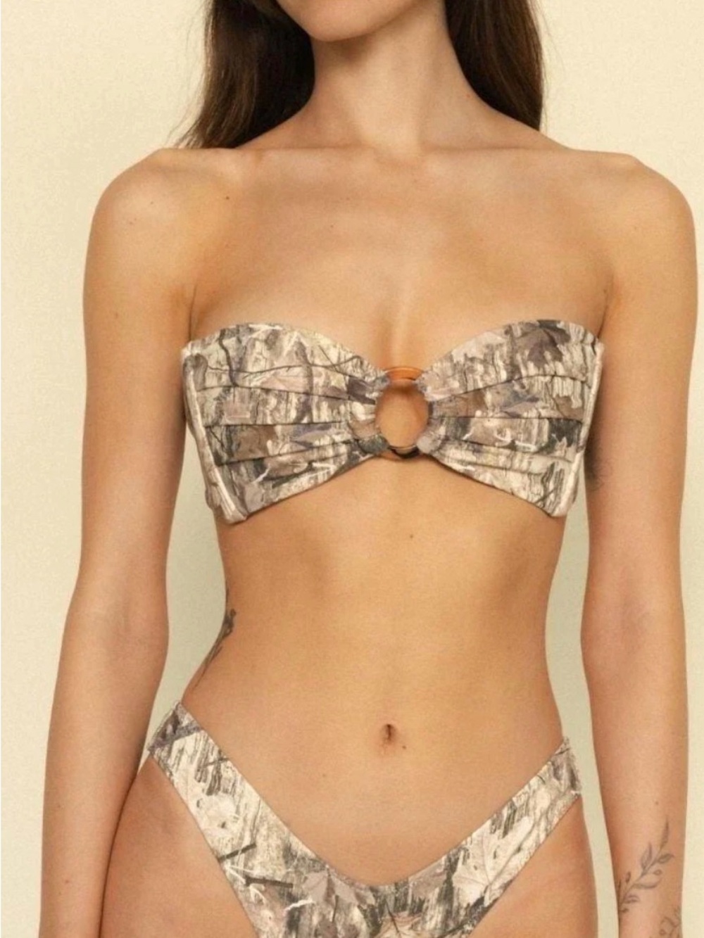 Montce Beige Stone-Print Strapless Bandeau Bikini Top with Ring and bottoms